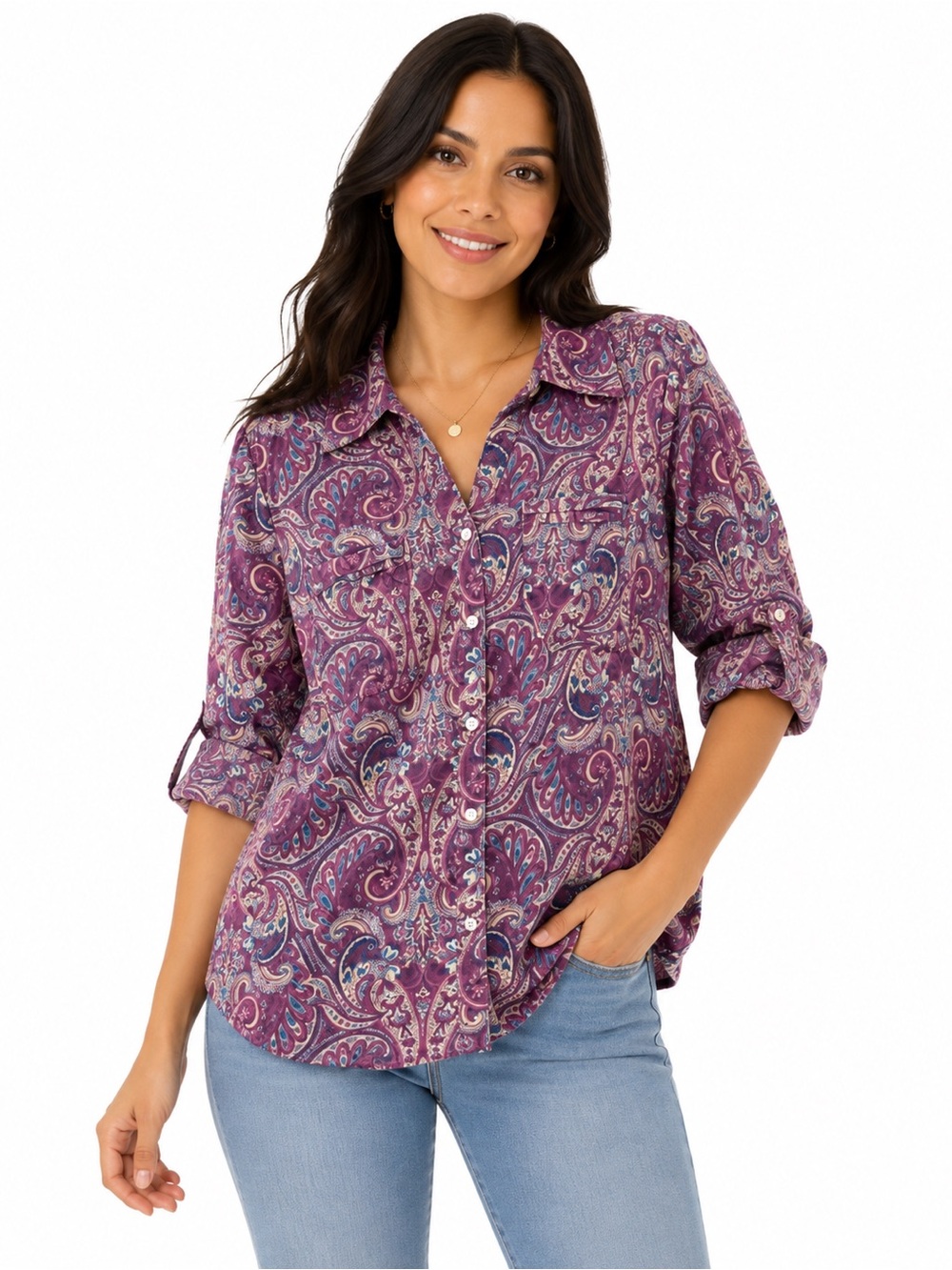 croft & barrow Purple Paisley Button Up Women's Blouse